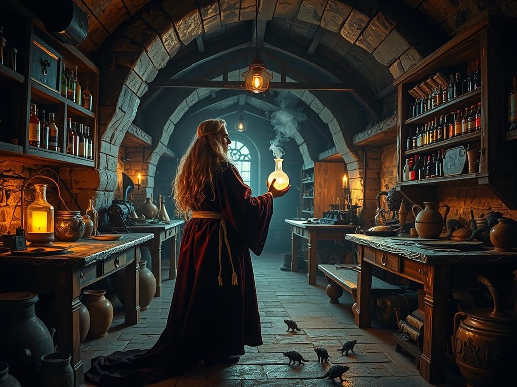 Medieval Alchemist's Lab with Fantastic Creatures