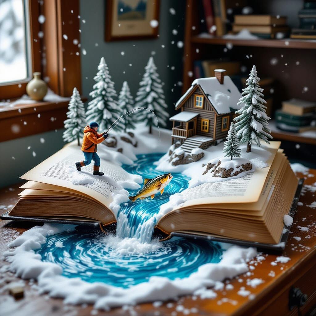 Surreal Winter Popup Book Scene on Artist's Desk