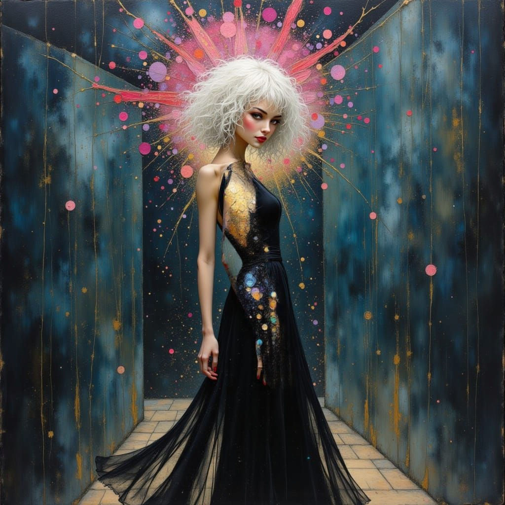 Woman in Iridescent Fantasy Dress with Ink Mist