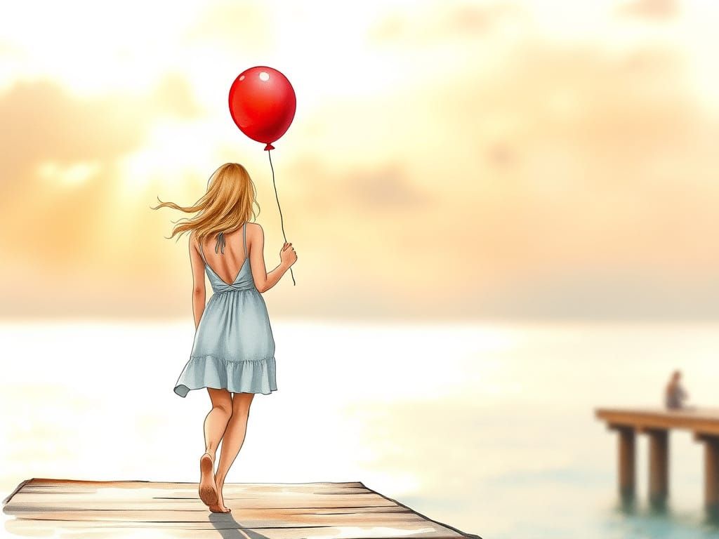 Ethereal Blonde Woman Strolls the Pier in a Golden Hour Scen...