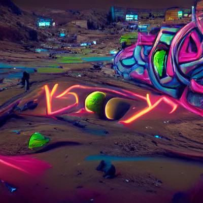 Neon Graffiti Art on Alien Planet Cityscape