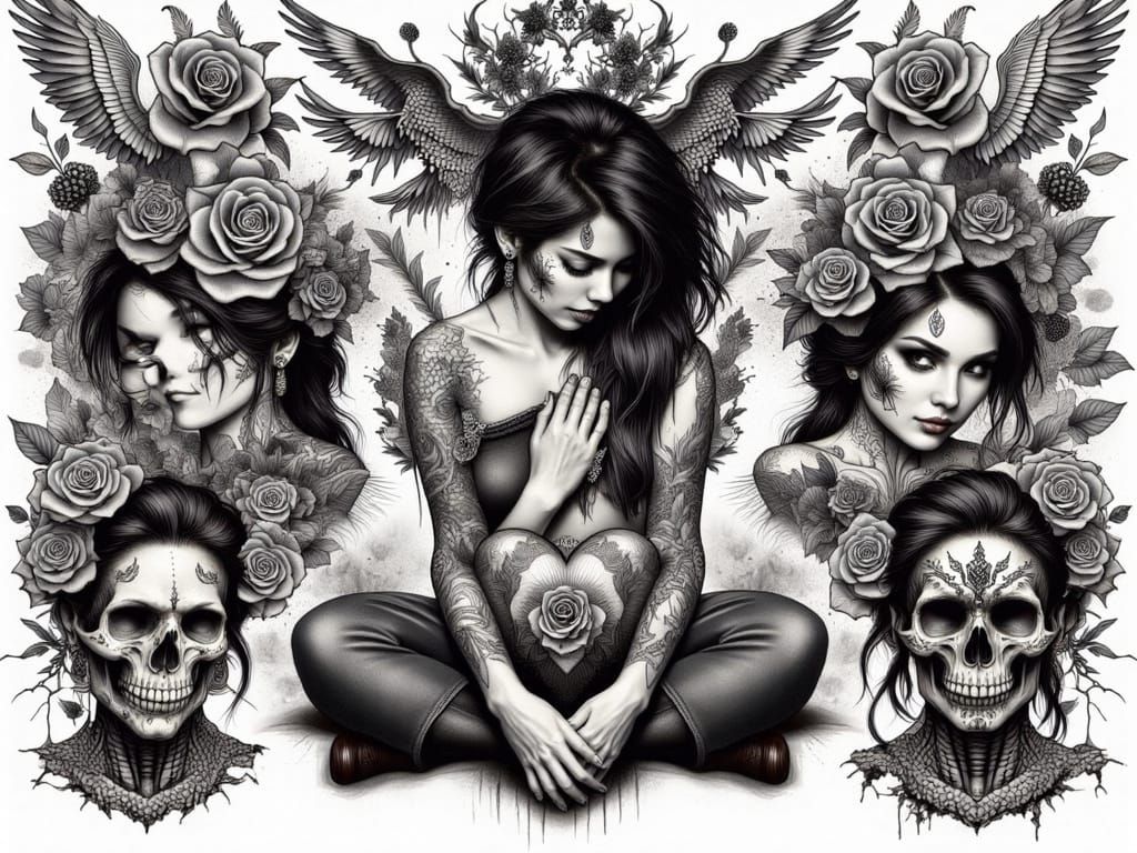 Chicano Tattoo Flash Sheet with Sacred Hearts and Roses