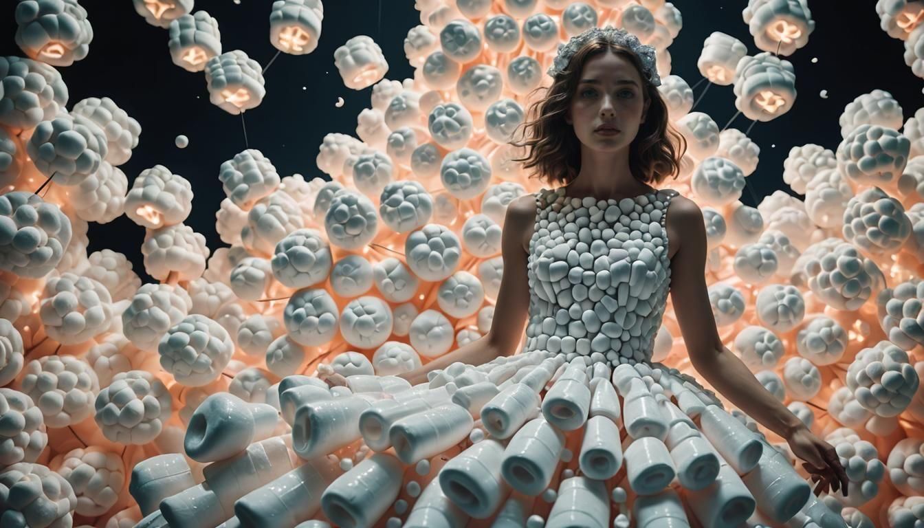 Surreal Girl in Marshmallow Dress: Cinematic Still