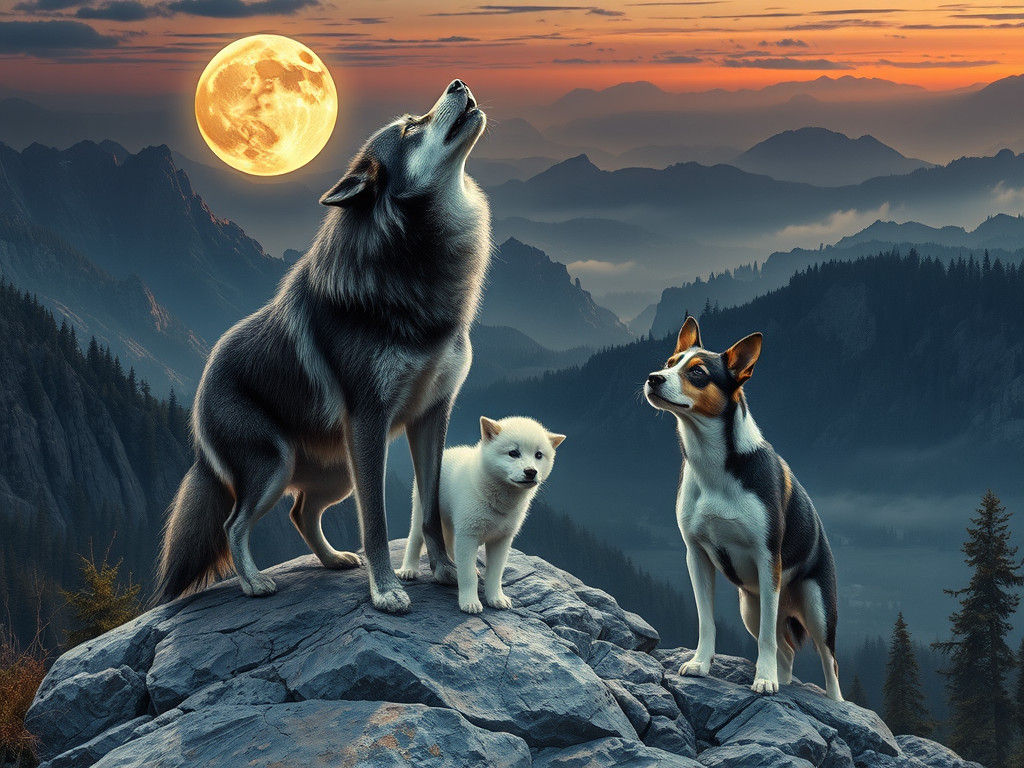 Wolves Howling at Moon on Plateau, Photorealistic Style