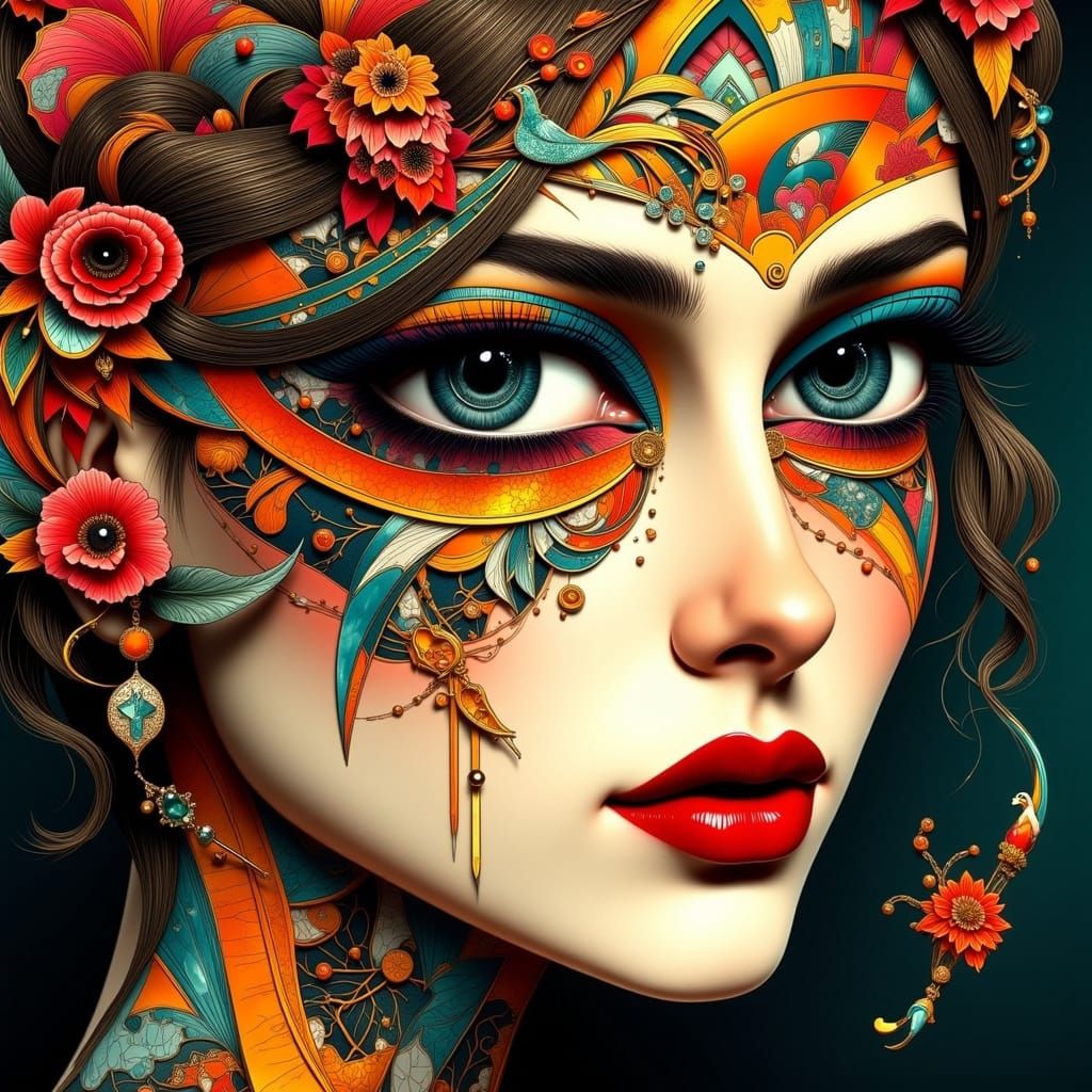 <lora:Flux Hyperreal:1.0> Surreal Art Deco Woman's Face with Geometric Patterns