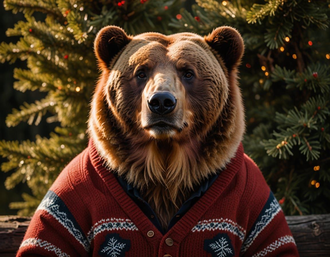 Kodiak Bear in Red Cardigan, Bird's-Eye View