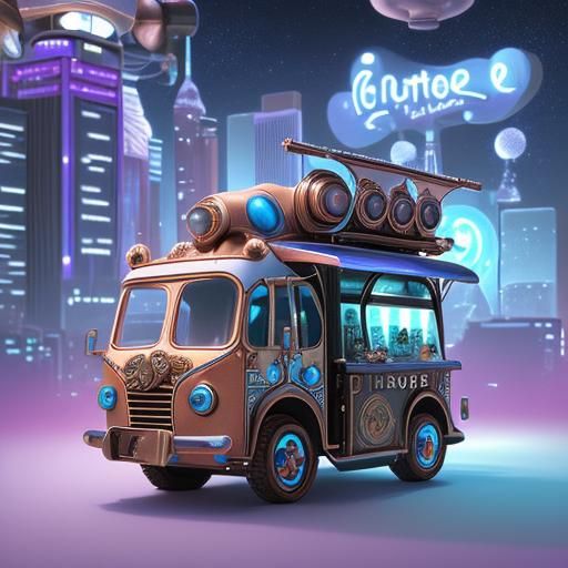 Futuristic Steampunk Ice Cream Truck in Space City