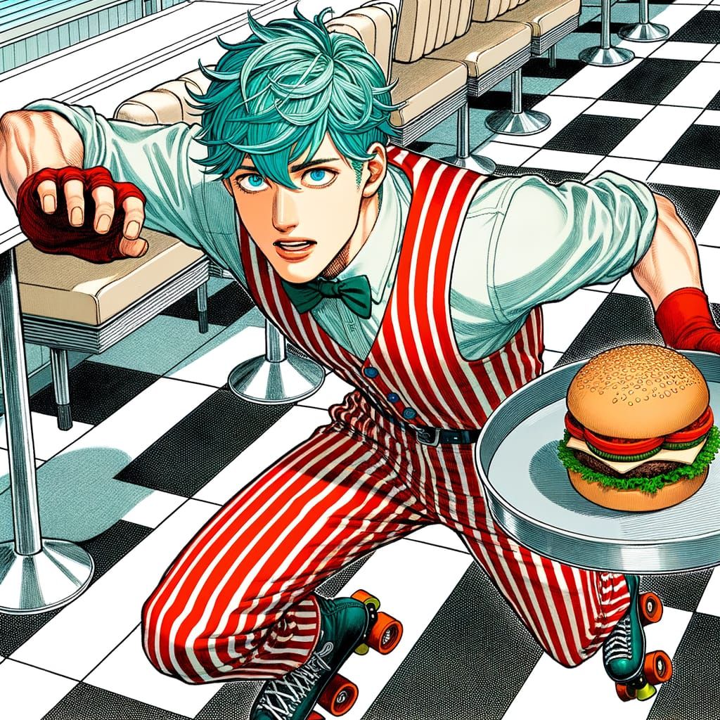 Aqua-Haired Man Stumbles in Retro Diner: Shōnen Manga