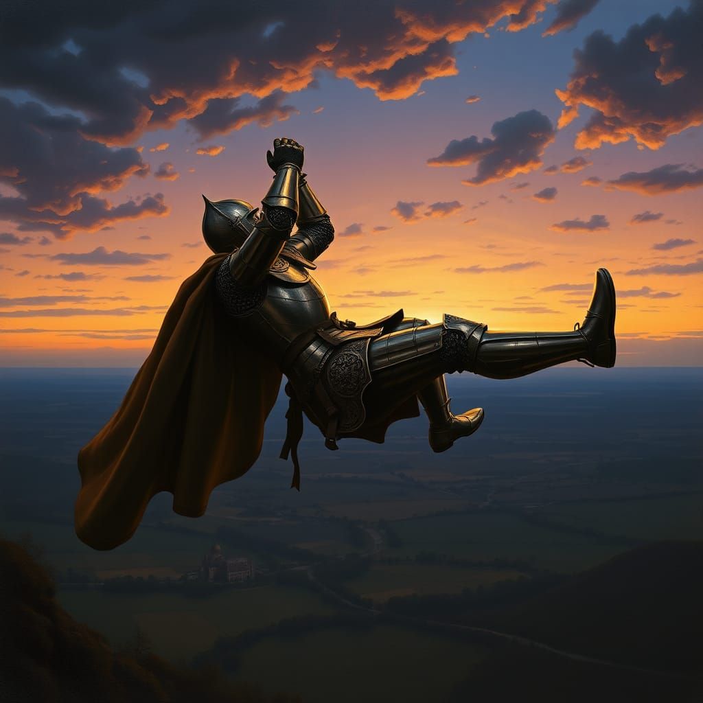 Knight's Descent: Dark Fantasy in Twilight Sky