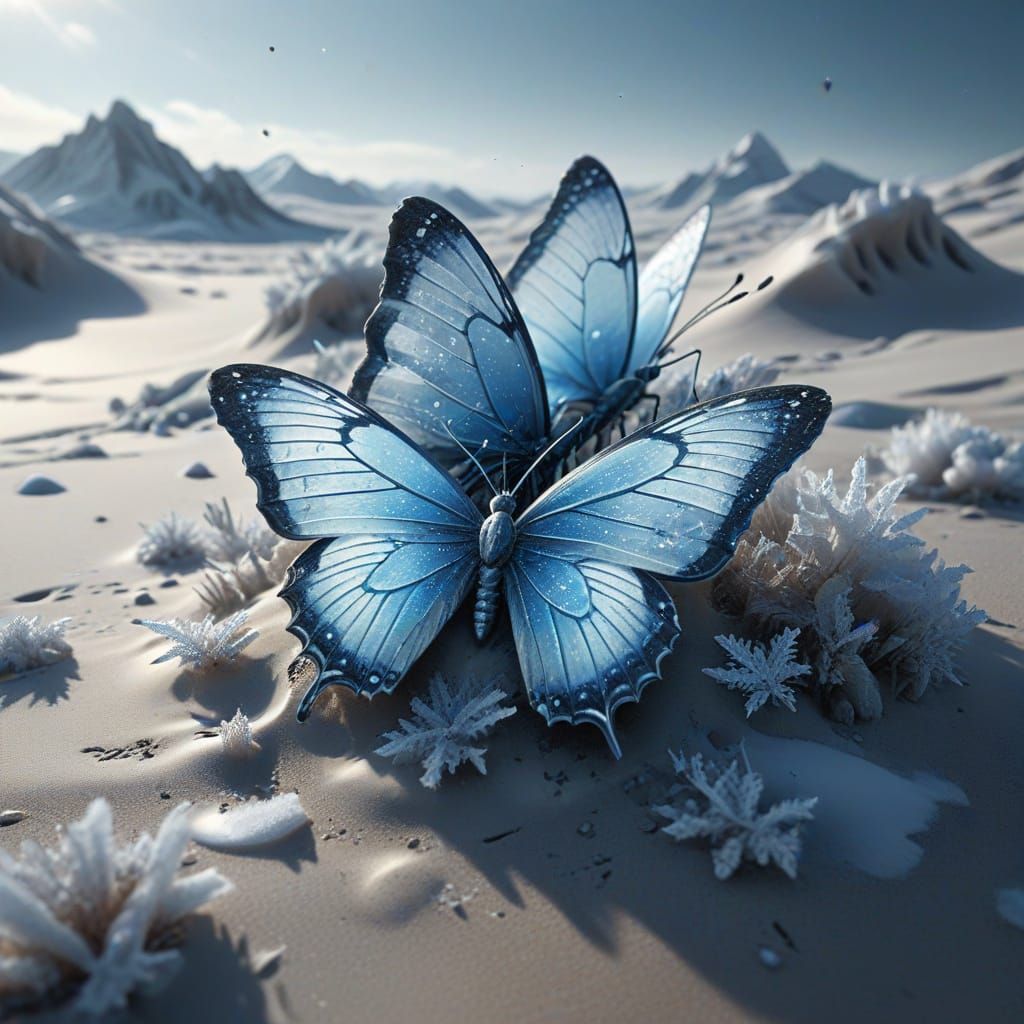 Hyper-Realistic Butterflies Dance in a Frozen Ice Desert