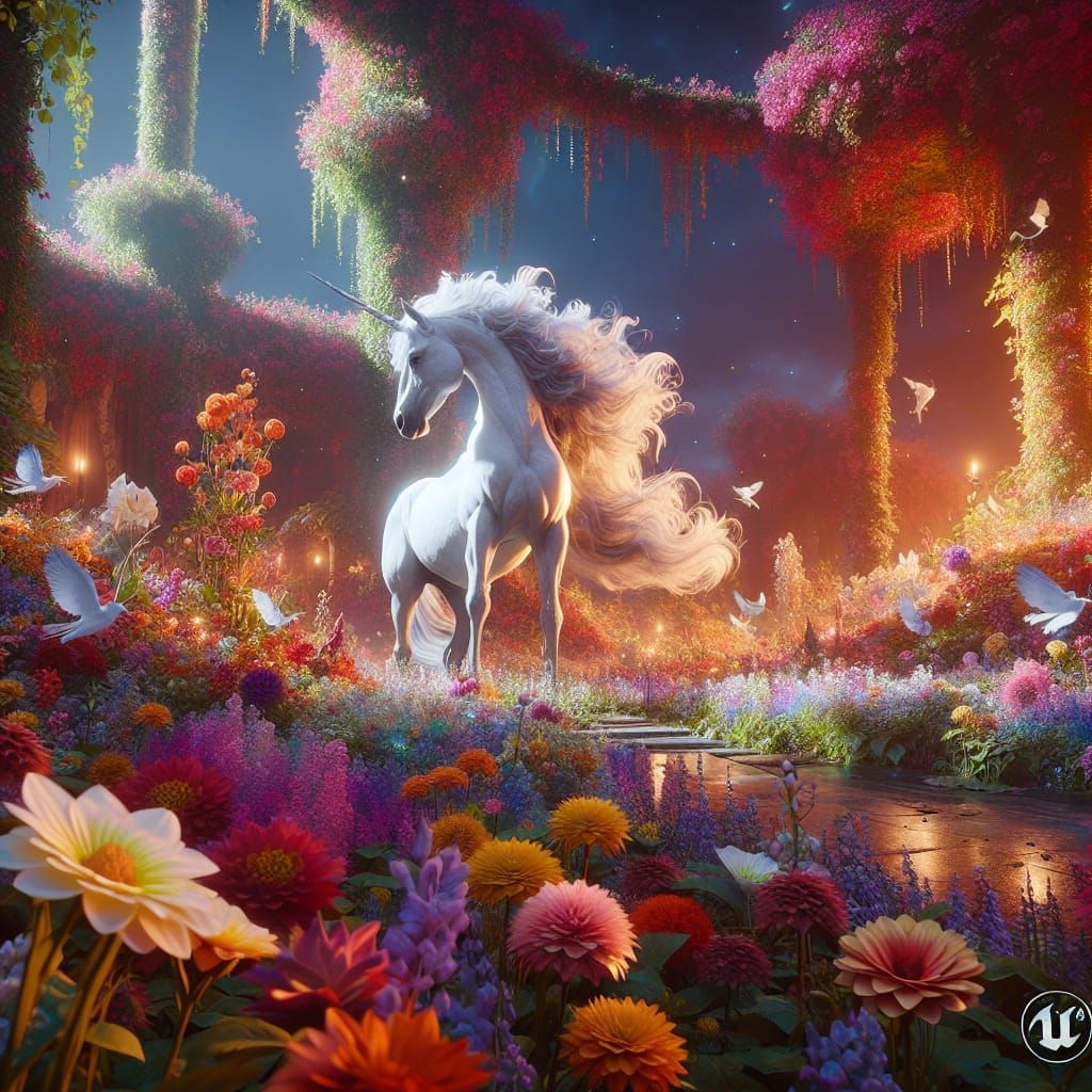 Enchanting White Unicorn in Magical Flower Garden