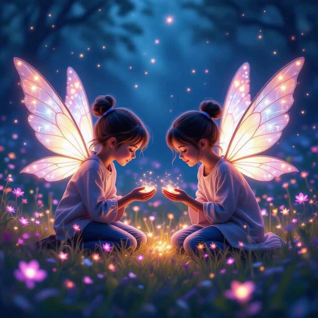 Children Feeding Magical Creatures in a Starlit Meadow