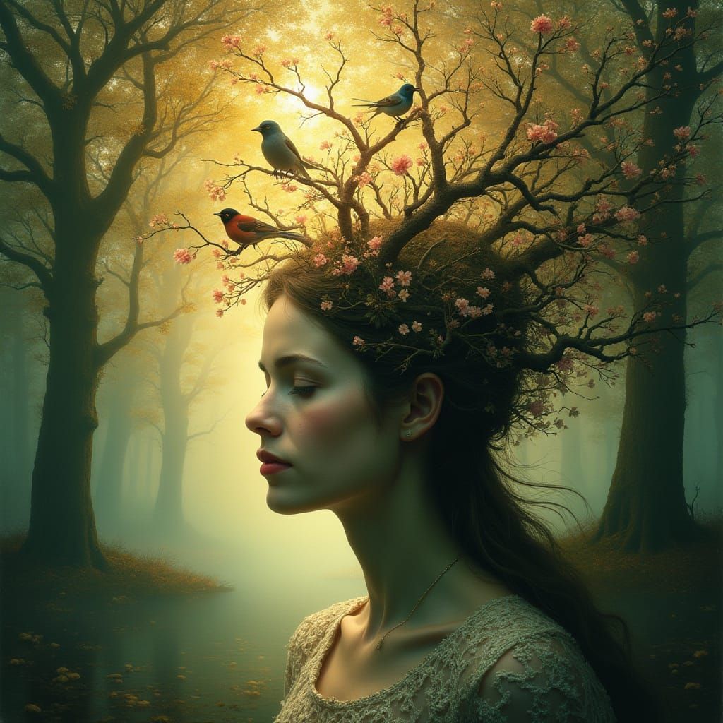 Enchanted Woodland Goddess Erupts into Blooming Majesty