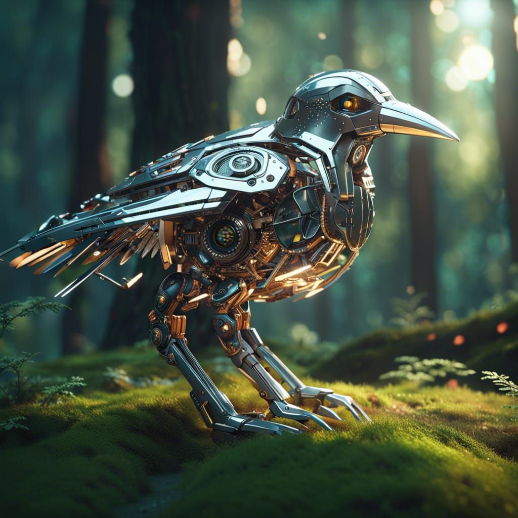 Metallic Bird in Sunlit Forest: Sci-Fi Render