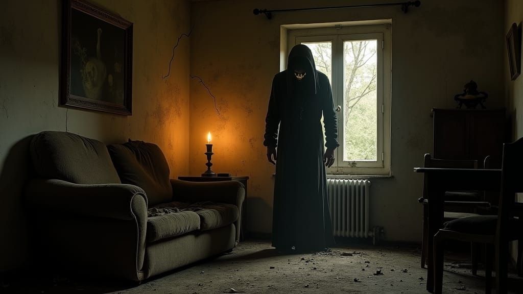 Eerie Interior with Flickering Candle, Caravaggio Style