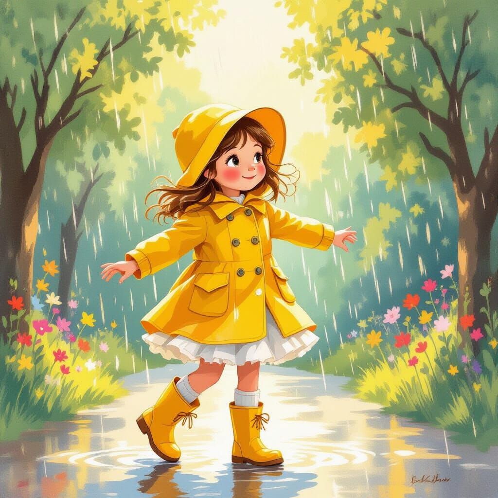 Girl Dancing in Summer Rain, Illustrated Style