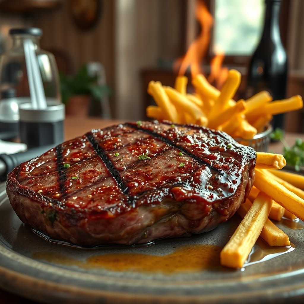 Juicy Val di Paglia Steak with Fries in Anime Style
