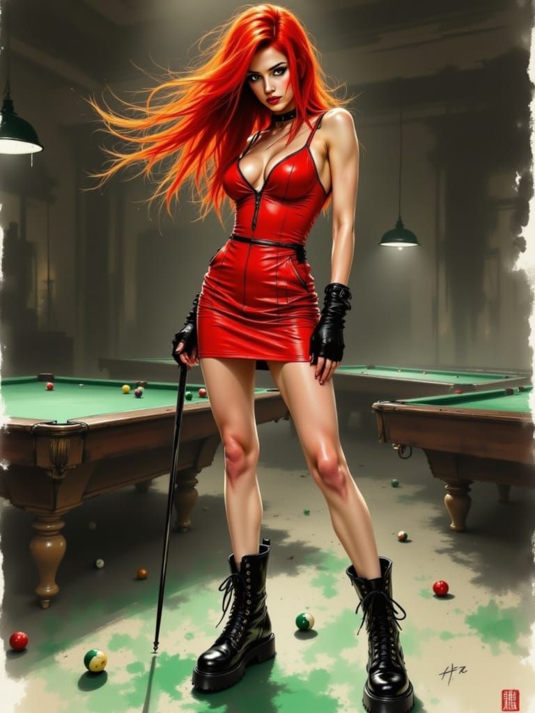 Red Haired Woman Poised with Pool Cue in Dim Hall