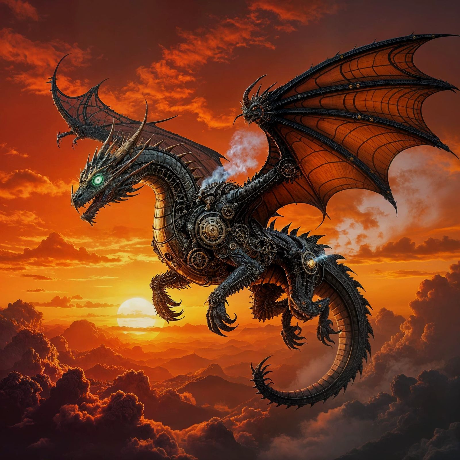 Mechanical Dragon Soaring at Sunset in Steampunk Style