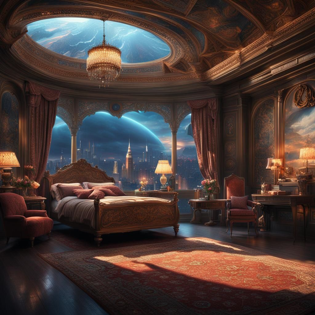 Epic Maximalist Bedroom in Digital Matte Painting Style