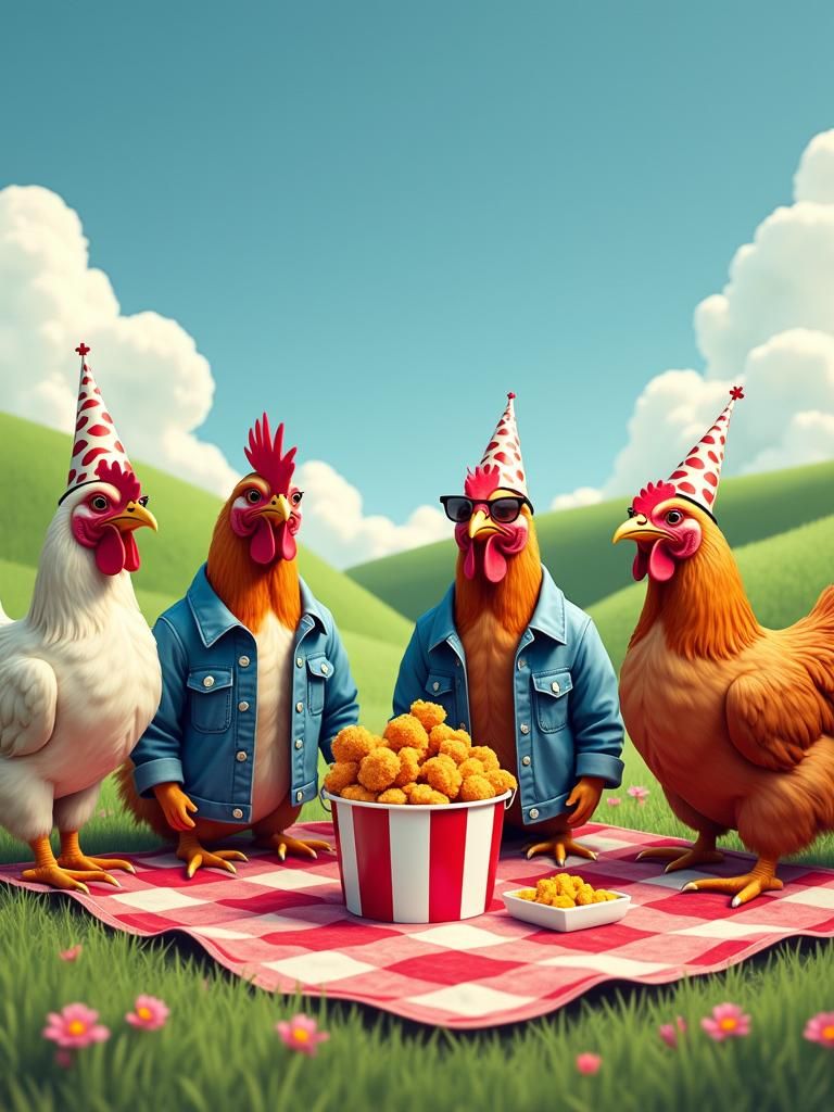 Chickens Celebrate with KFC: A Whimsical Digital Illustratio...