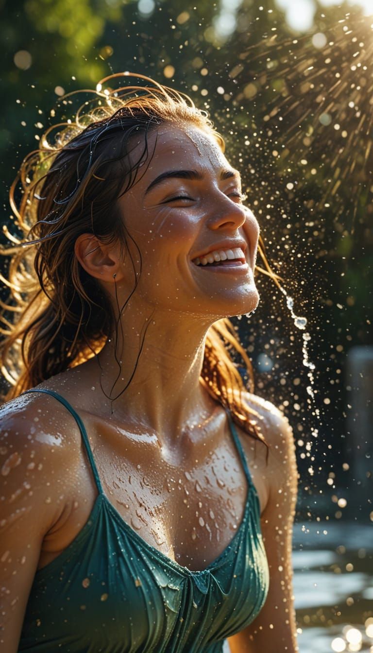 Woman Laughs Defending from Water Hose in Golden Hour