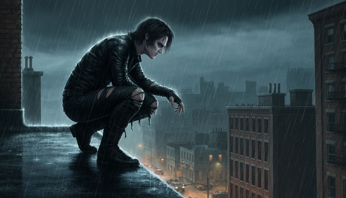 Resurrected Eric Draven in a Gothic Cityscape