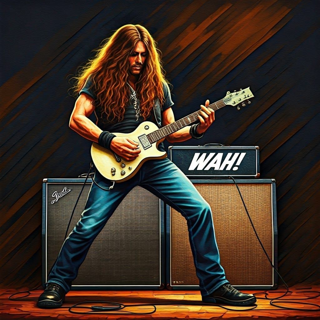 Rocker Guitar Player Using Wah Pedal in Abstract Art