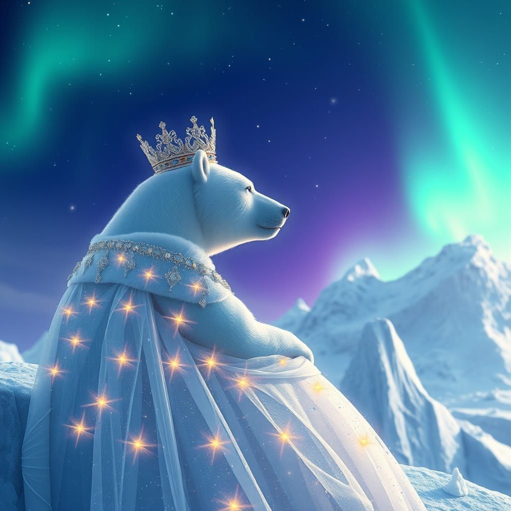 Polar Bear Queen in Stardust Gown, 3D Digital Art