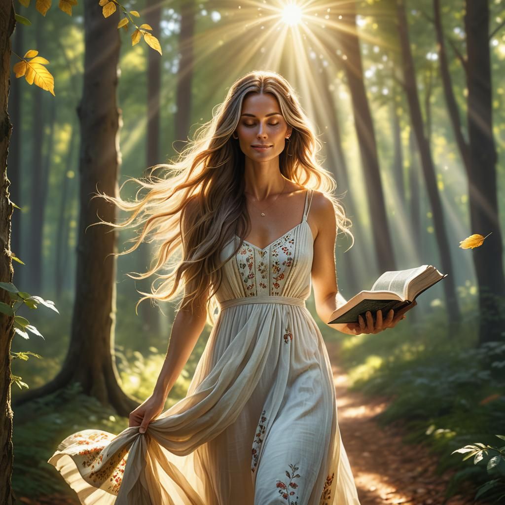 Woman in Forest with Bible: Renaissance-Inspired Digital Art
