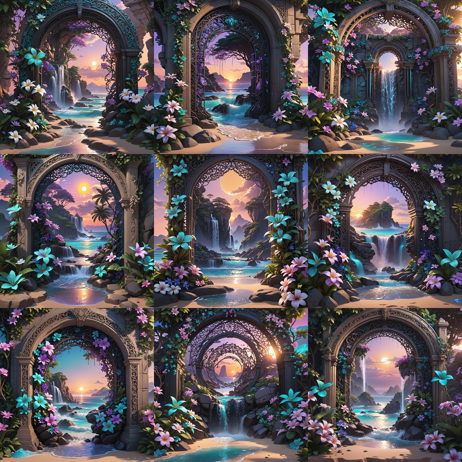 Filigree Beach Waterfall Sunset Portal: Anime Art