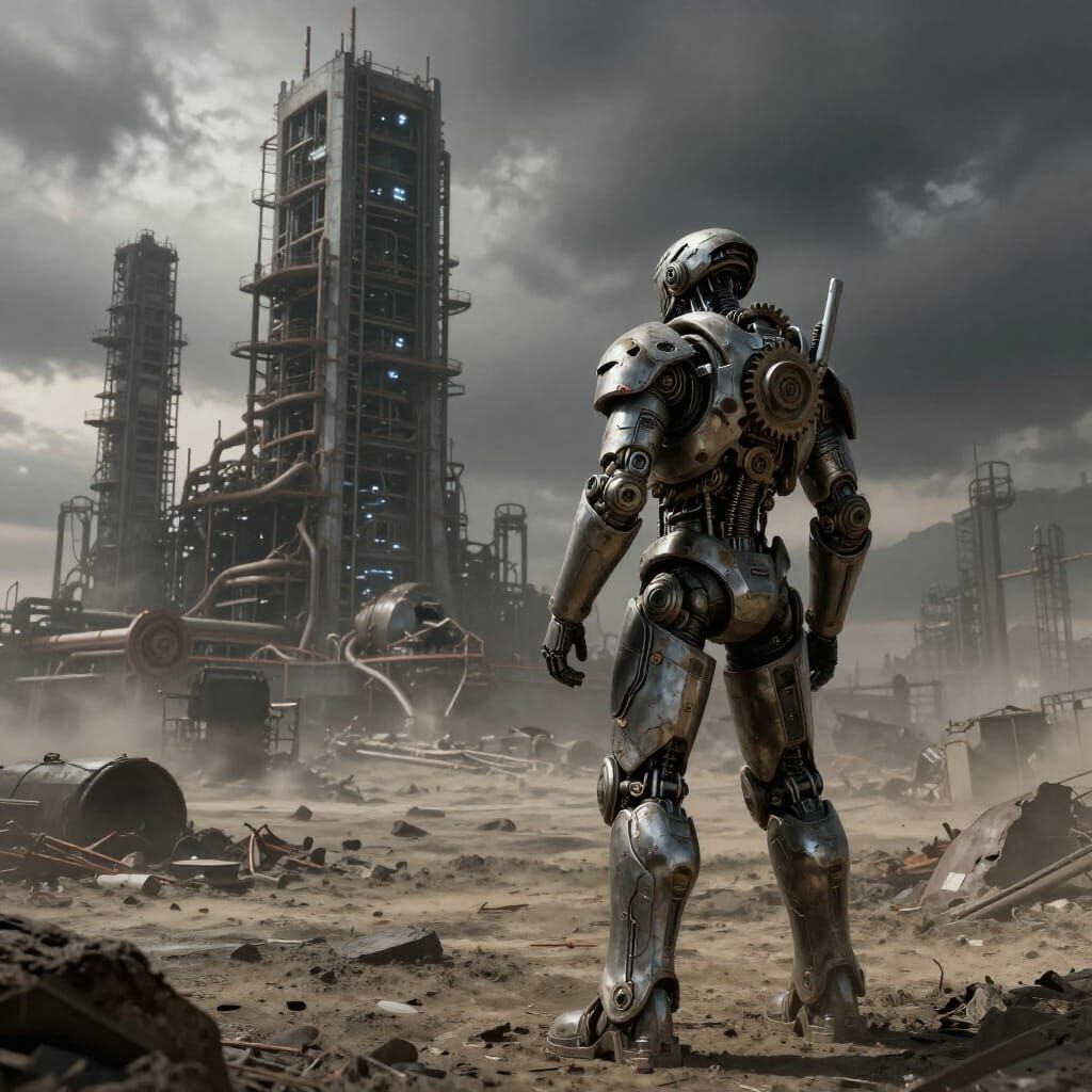 Cyborg Warrior on Ash Plain, Industrial Complex Under Stormy...