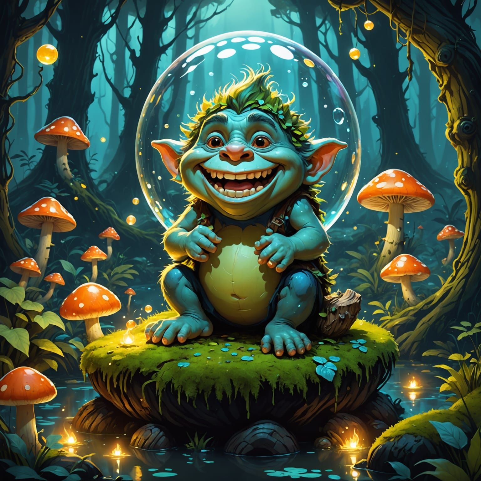 Troll on Floating Bubble in Enchanted Forest
