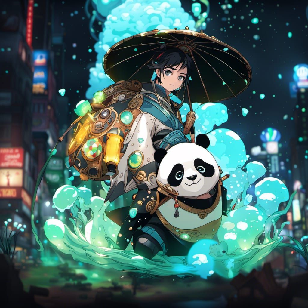 Samurai Panda Portrait in Anime Style
