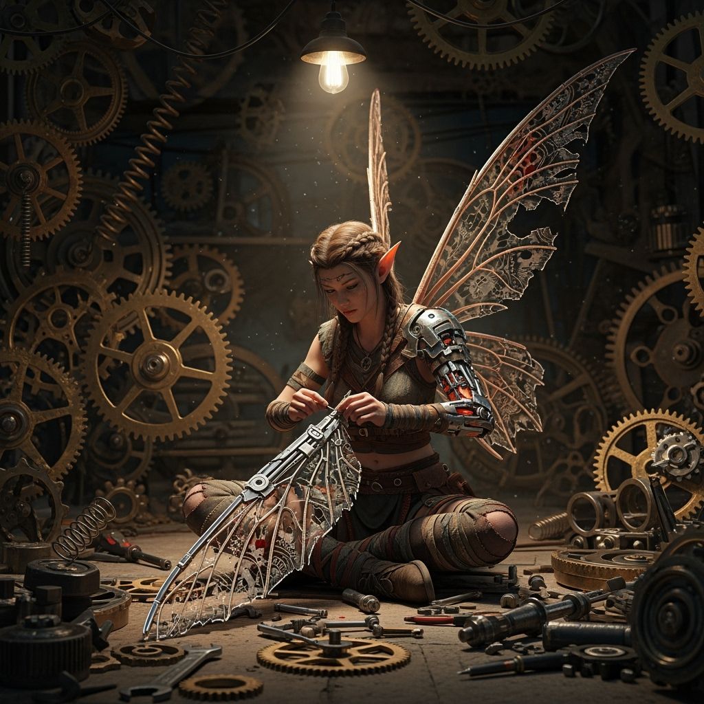 Cyborg Fairy Repairs Wing in Steampunk Workshop
