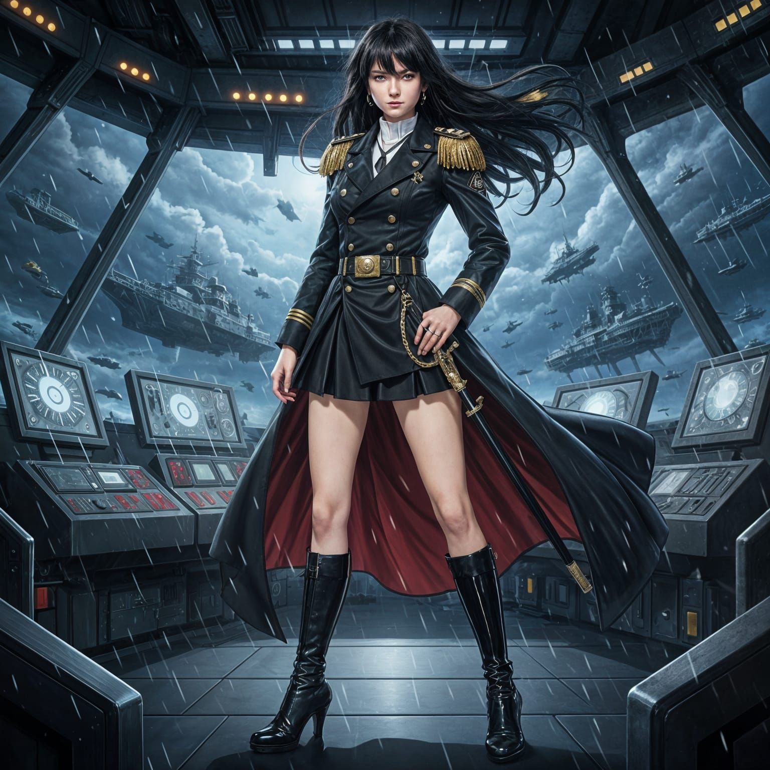 Anime Female Admiral in Navy Uniform with Sword