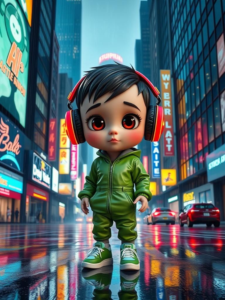 Pixar-Style Child in Cyberpunk Cityscape