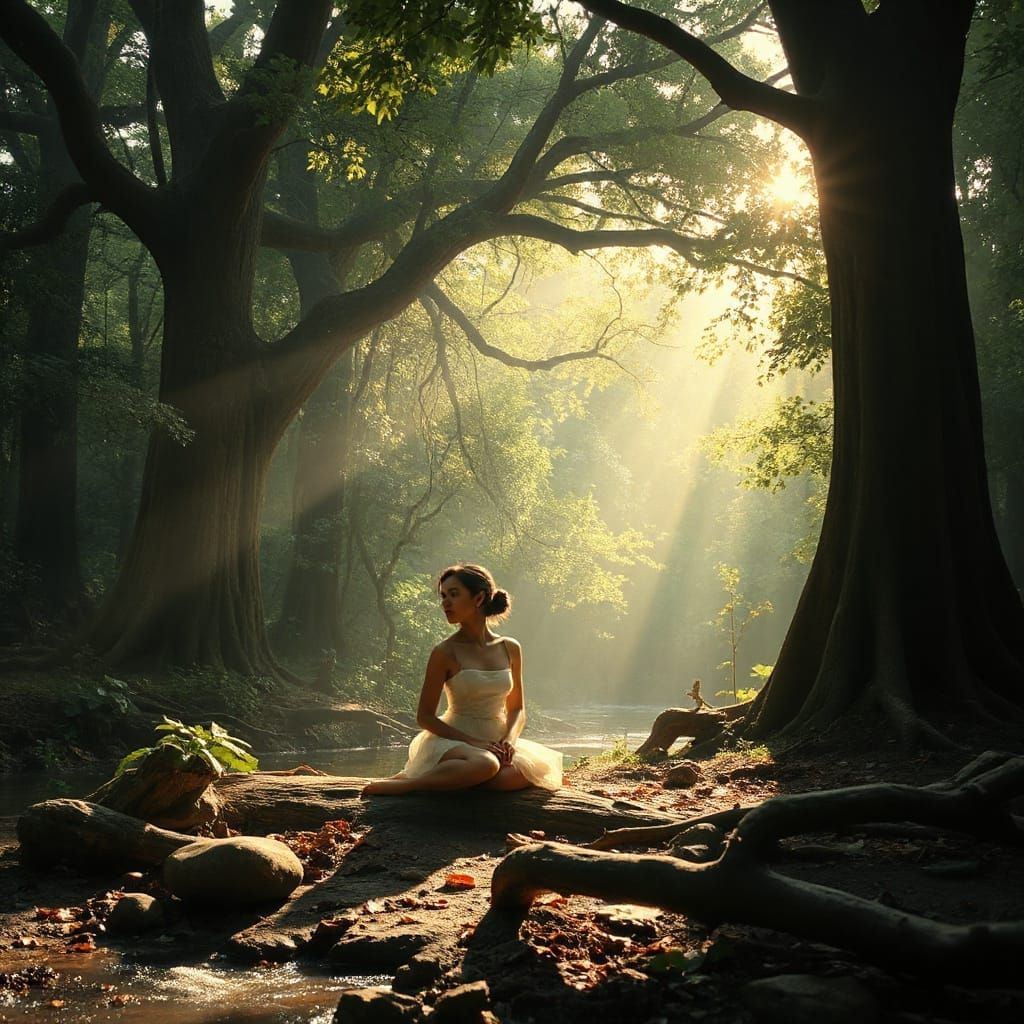 Meditating Woman in Sunlit Forest Clearing
