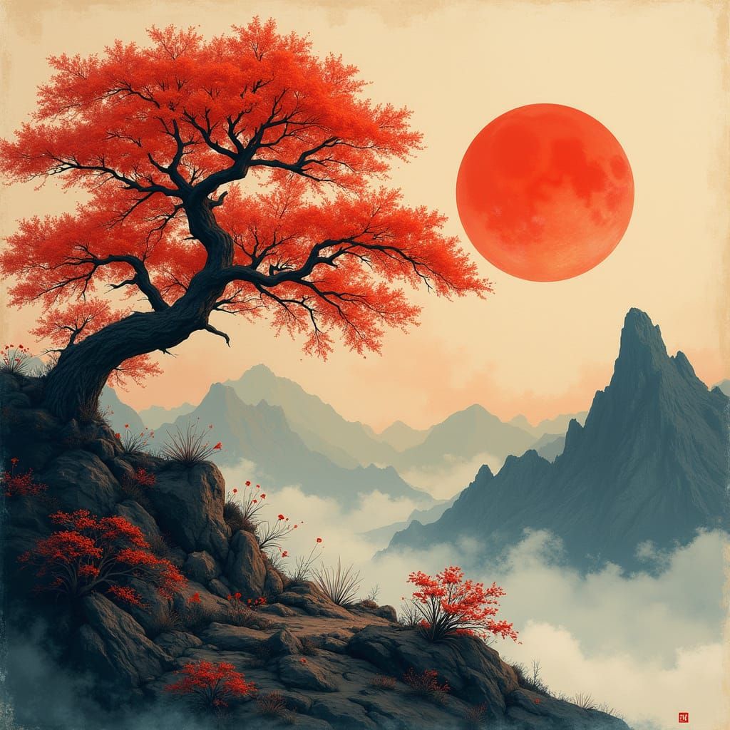 Crimson Sun Over Mountain in Japanese Ink Style