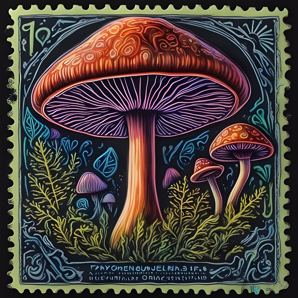 Psychedelic Mushroom Stamp in Blacklight Chalk Art