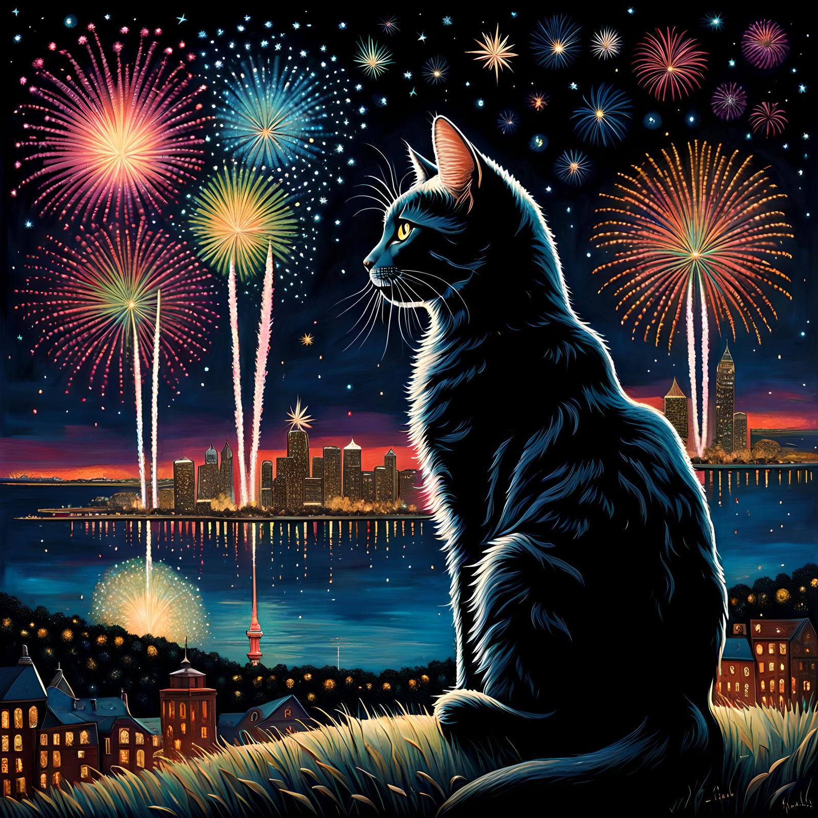 Beautiful fantasy fairy cat on a  hilltop, watching an incre...