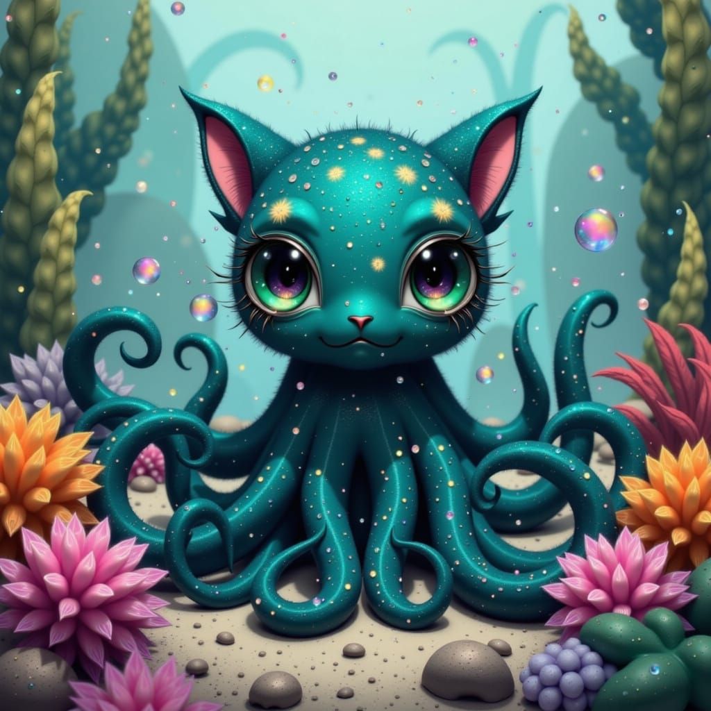 Turquoise Octopus Cat in a Shimmering Ocean