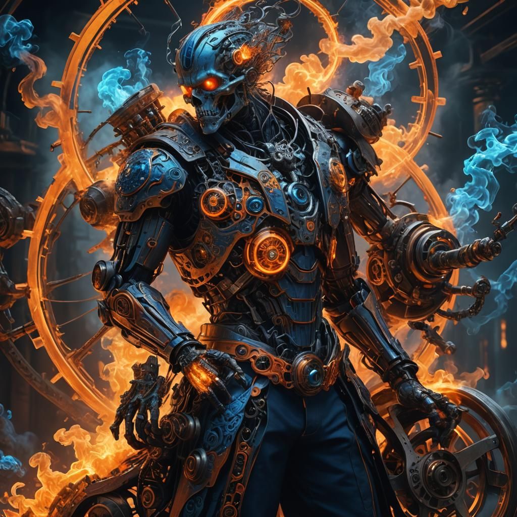 Vibrant Stiff Figure with Smoking Wheels, Digital Art