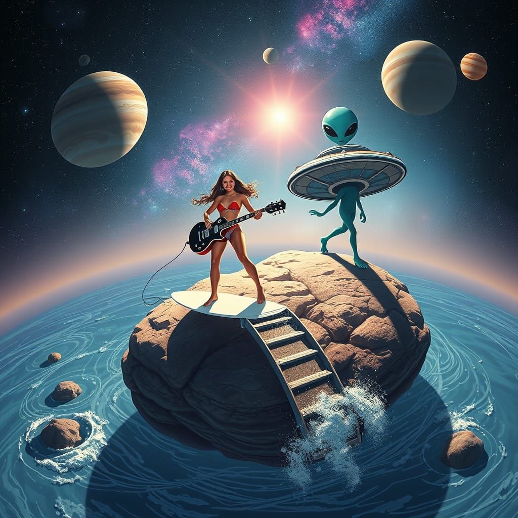 Sci-Fi Scene: Astronaut Surfs Asteroid Near UFO