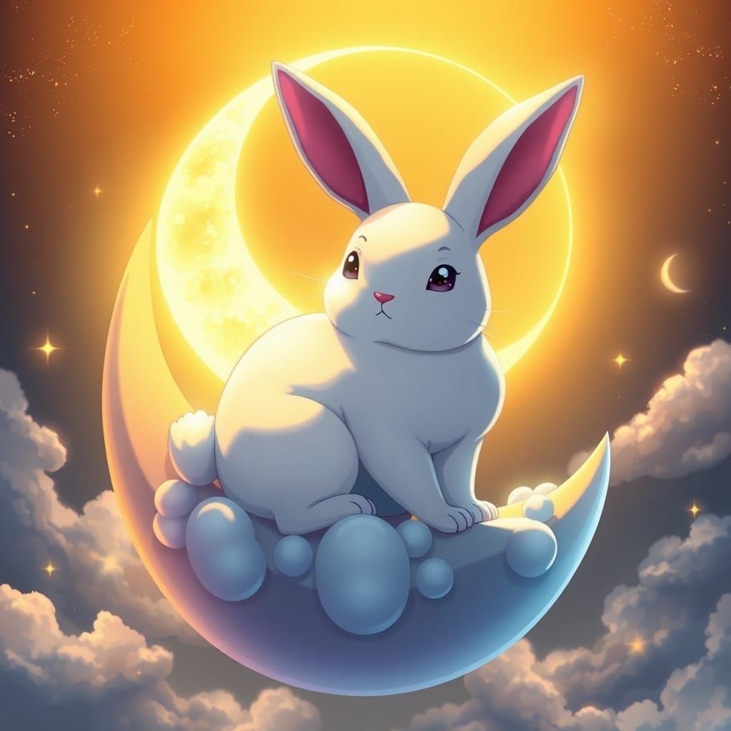 Moon Rabbit on Crescent Moon in Manga Style
