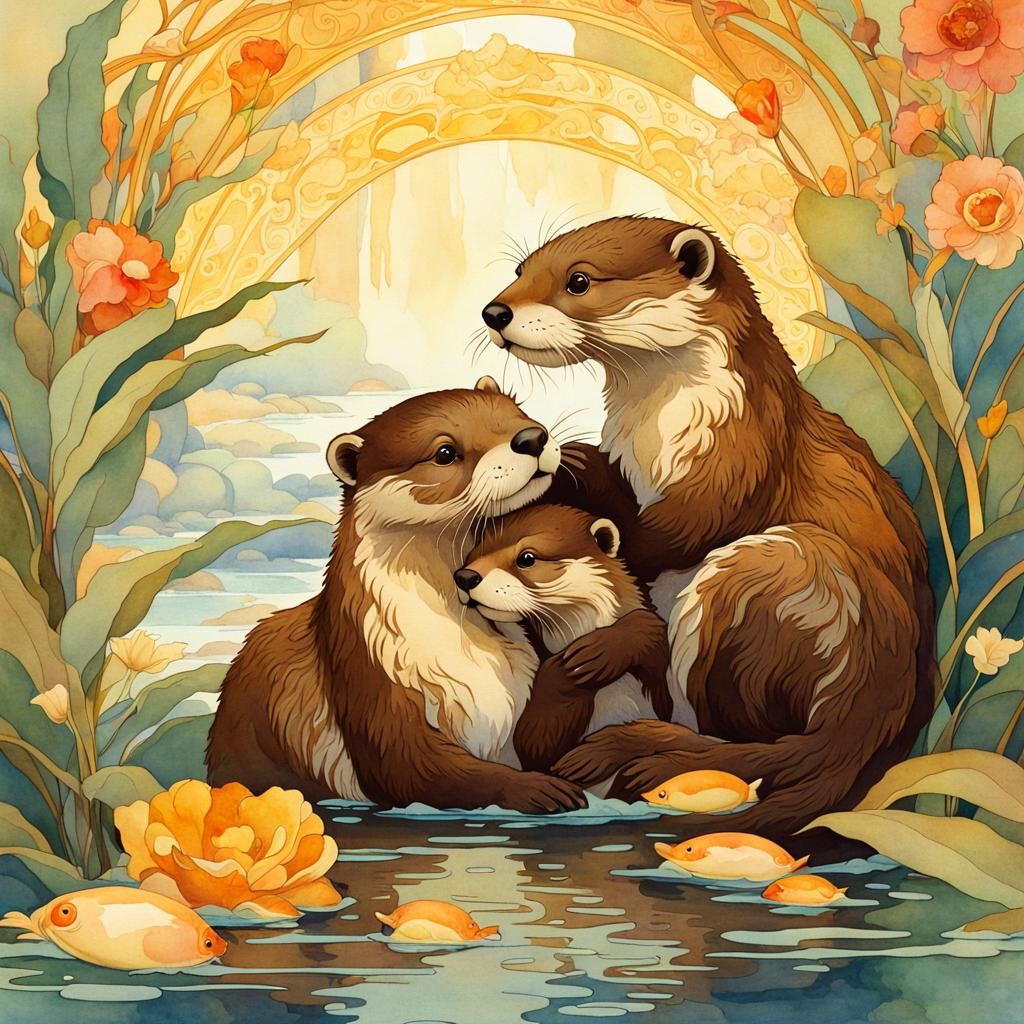Otters Cuddling in River: Art Nouveau Watercolor