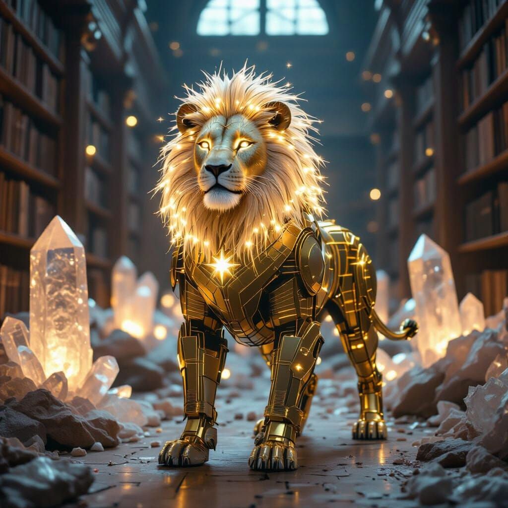 Celestial Lion in Crystal Library, Cinematic Lighting