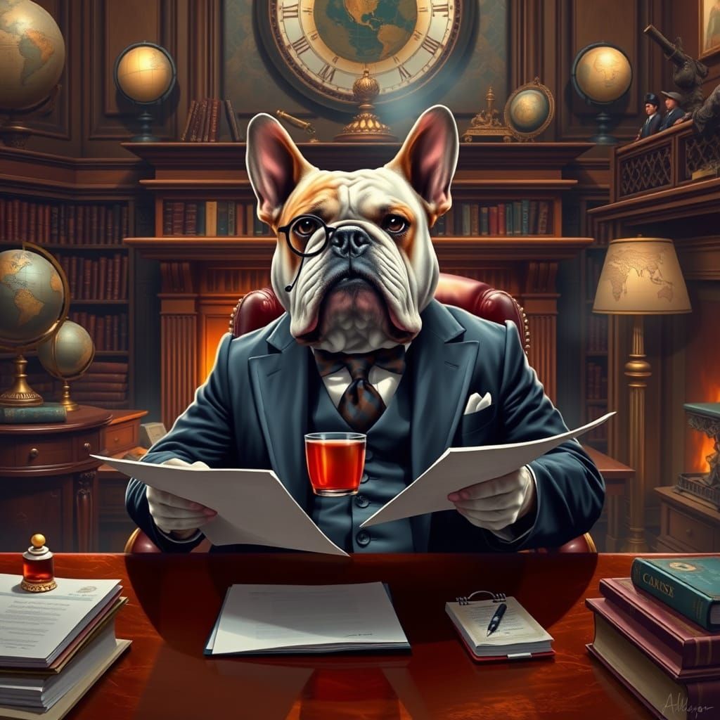 Bulldog in Suit: Hyperrealistic Office Scene