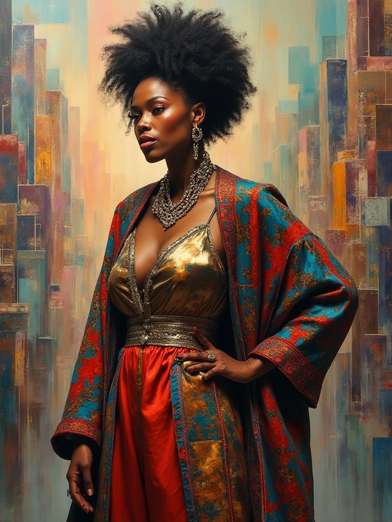 Resilient Black Woman in Afrofuturist Fashion in Cubist City...