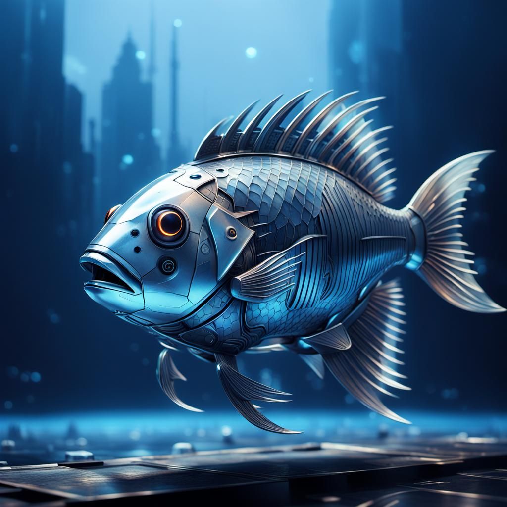 Futuristic Biomechanical Fish in Cyberpunk Cityscape